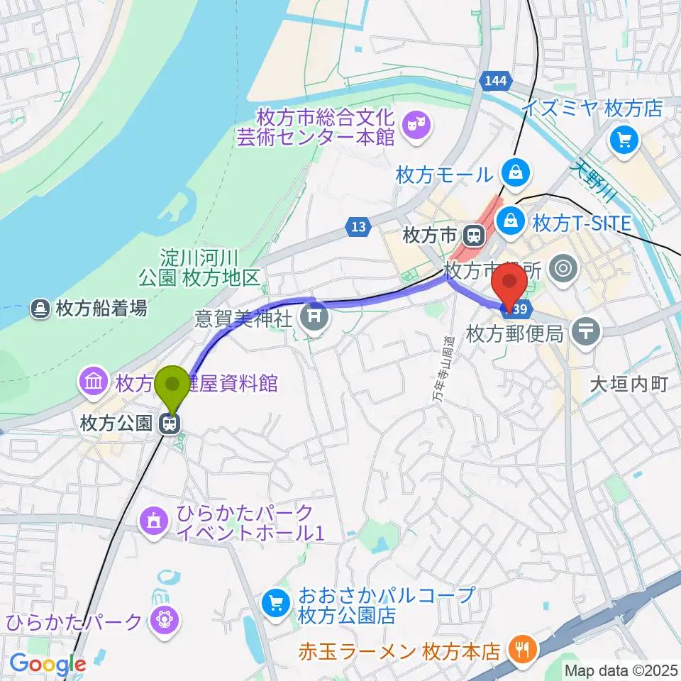 枚方公園駅から大東楽器 枚方店へのルートマップ地図