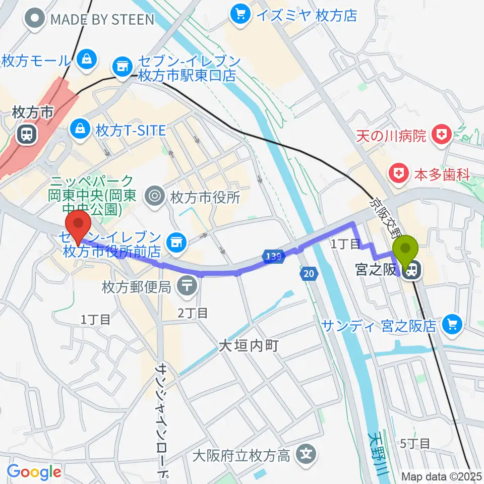 宮之阪駅から大東楽器 枚方店へのルートマップ地図