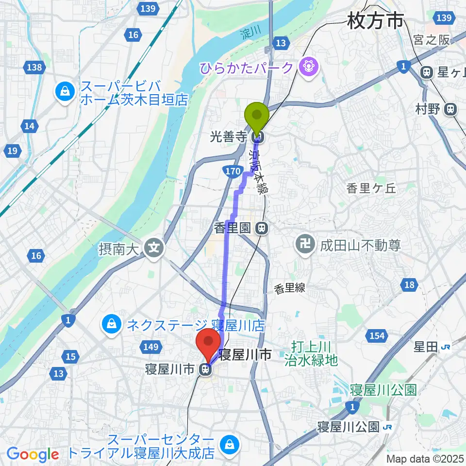 光善寺駅から大東楽器 寝屋川店へのルートマップ地図