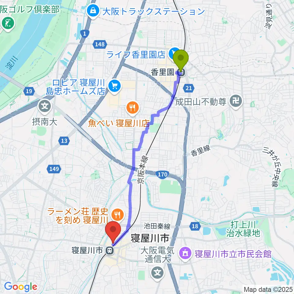 香里園駅から大東楽器 寝屋川店へのルートマップ地図