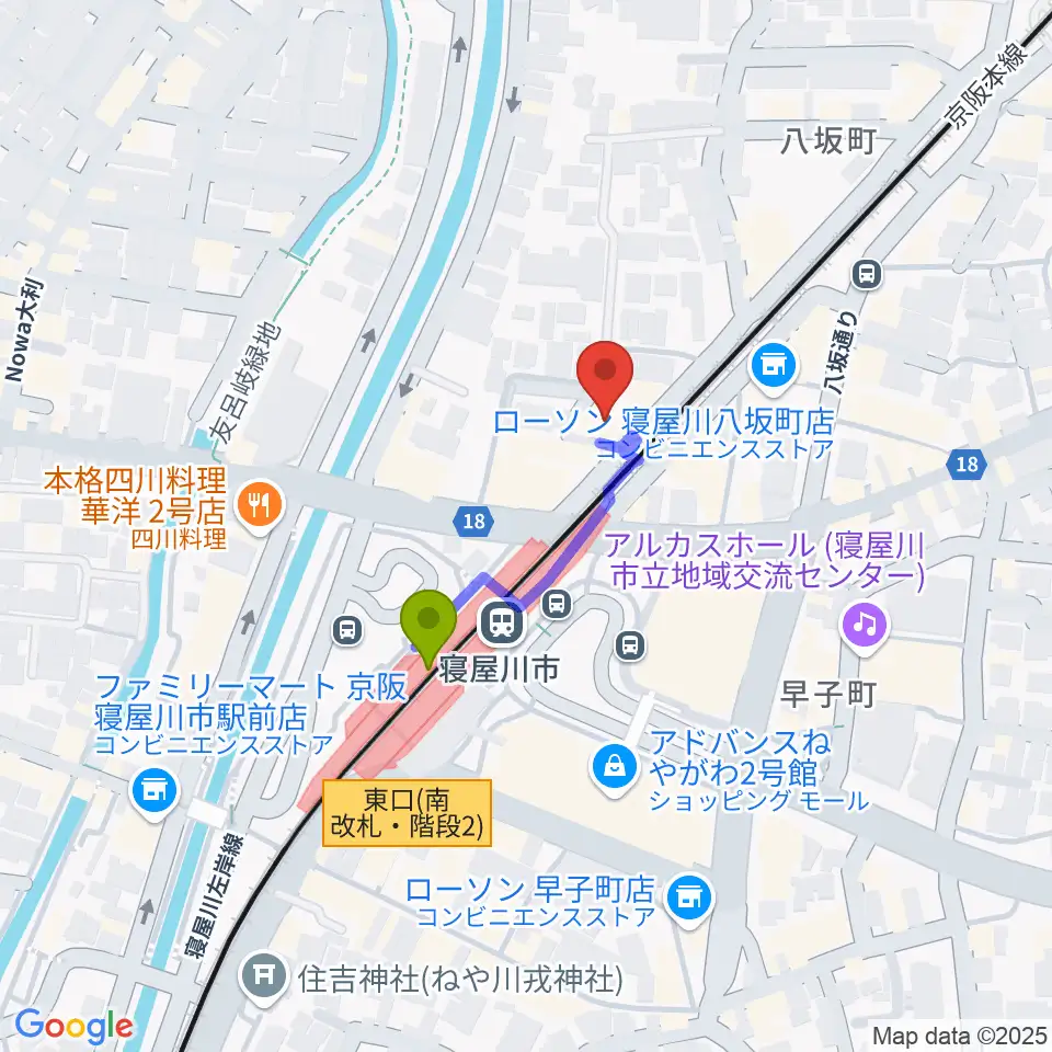 大東楽器 寝屋川店の最寄駅寝屋川市駅からの徒歩ルート（約2分）地図