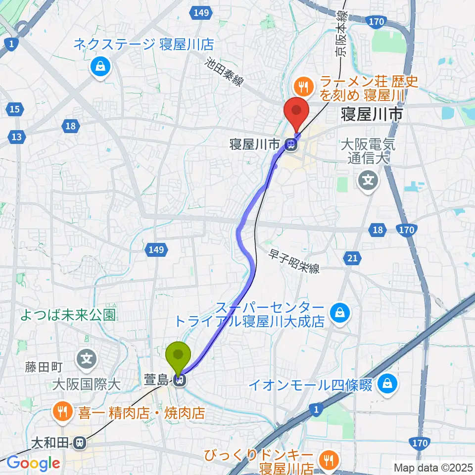 萱島駅から大東楽器 寝屋川店へのルートマップ地図