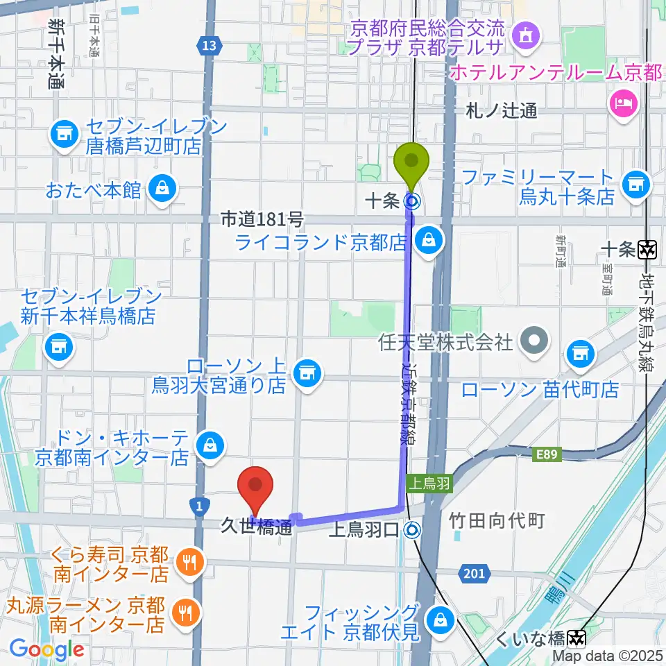 十条駅からカワイ京都ショップへのルートマップ地図