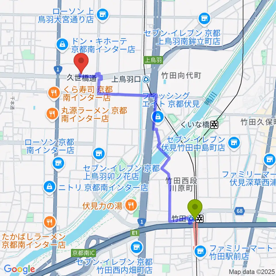 竹田駅からカワイ京都ショップへのルートマップ地図