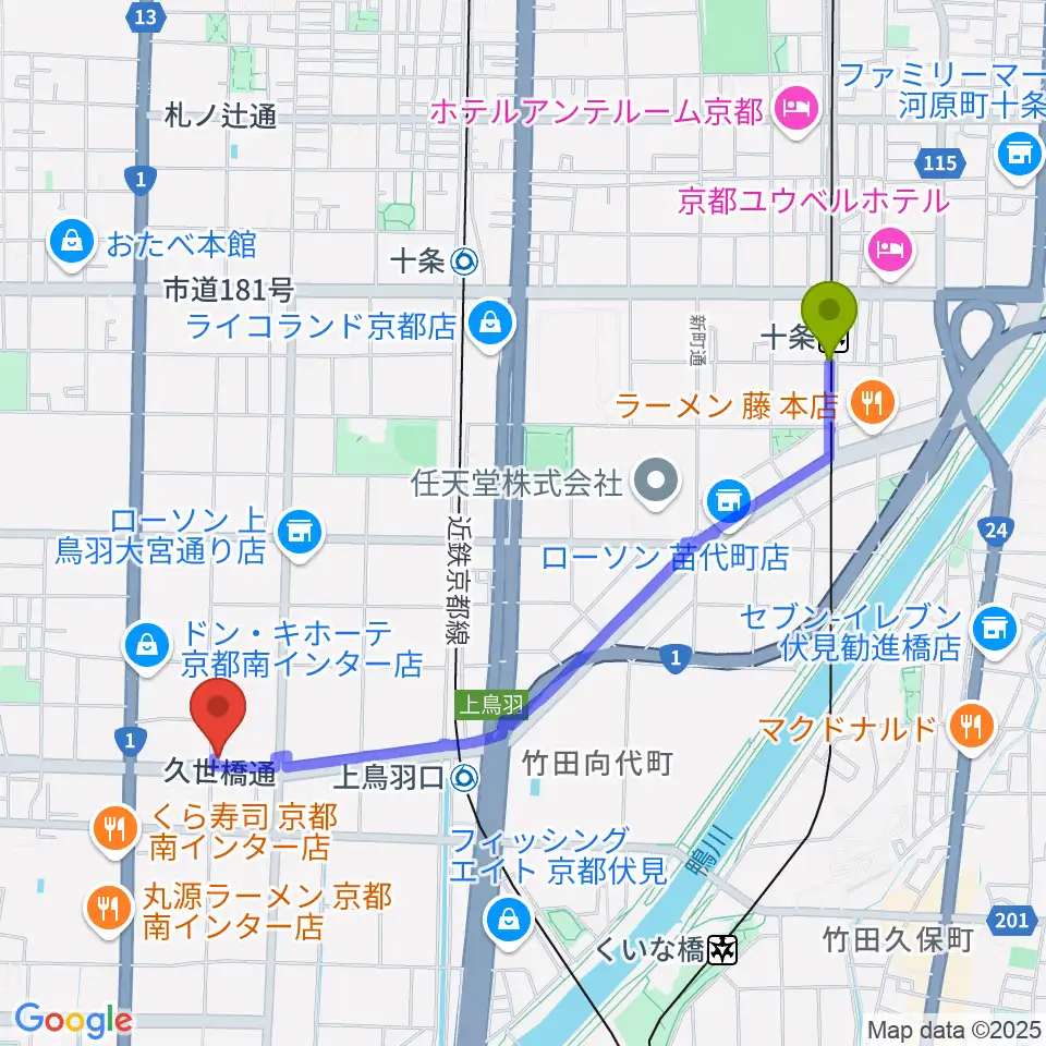 十条駅からカワイ京都ショップへのルートマップ地図