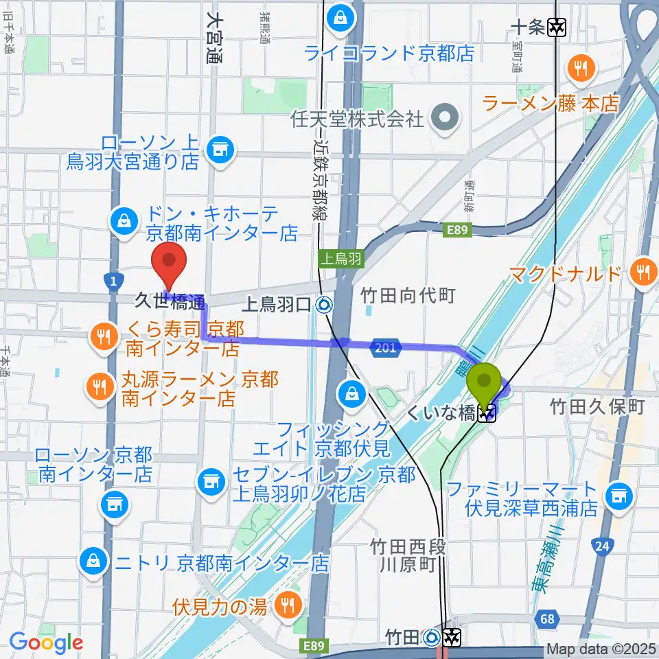くいな橋駅からカワイ京都ショップへのルートマップ地図