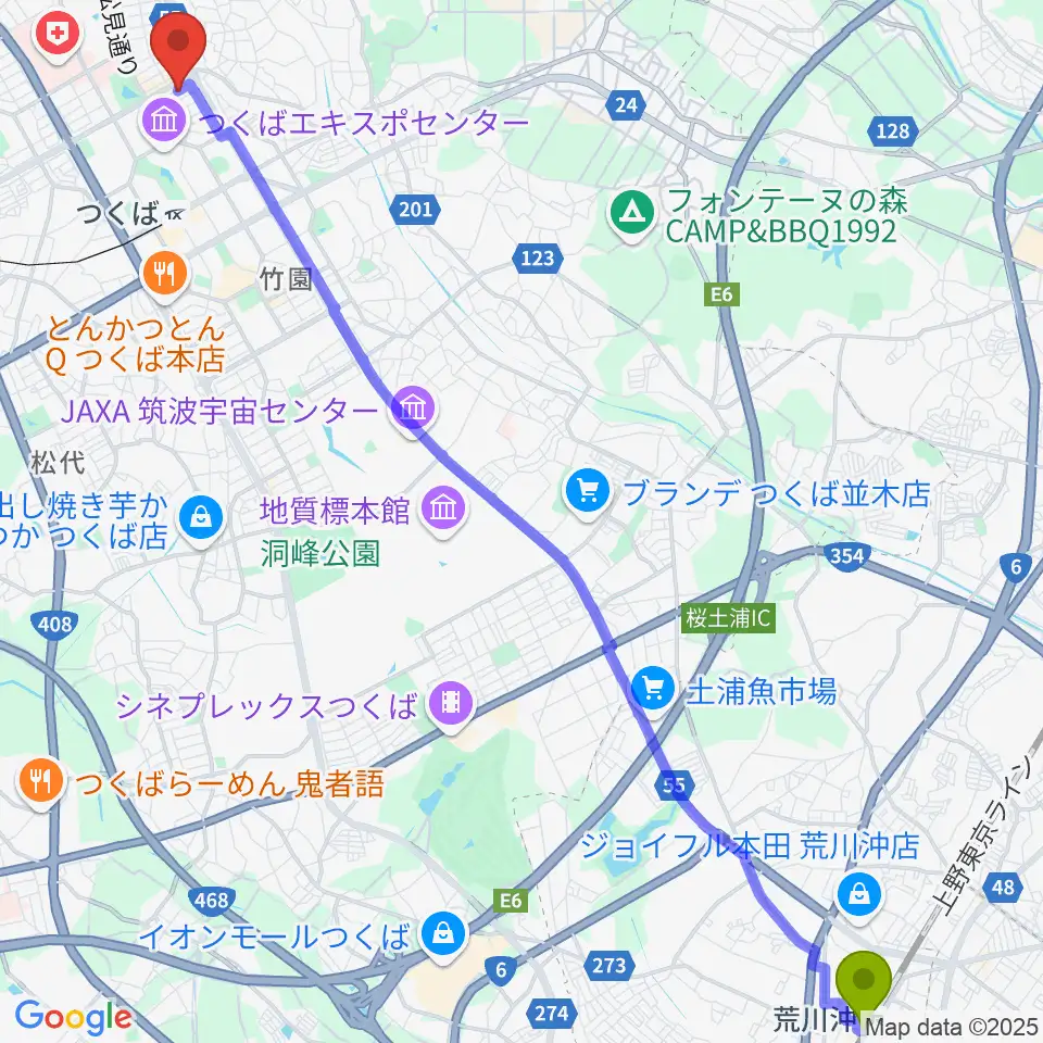 荒川沖駅からMUSIC PLANT つくば店へのルートマップ地図