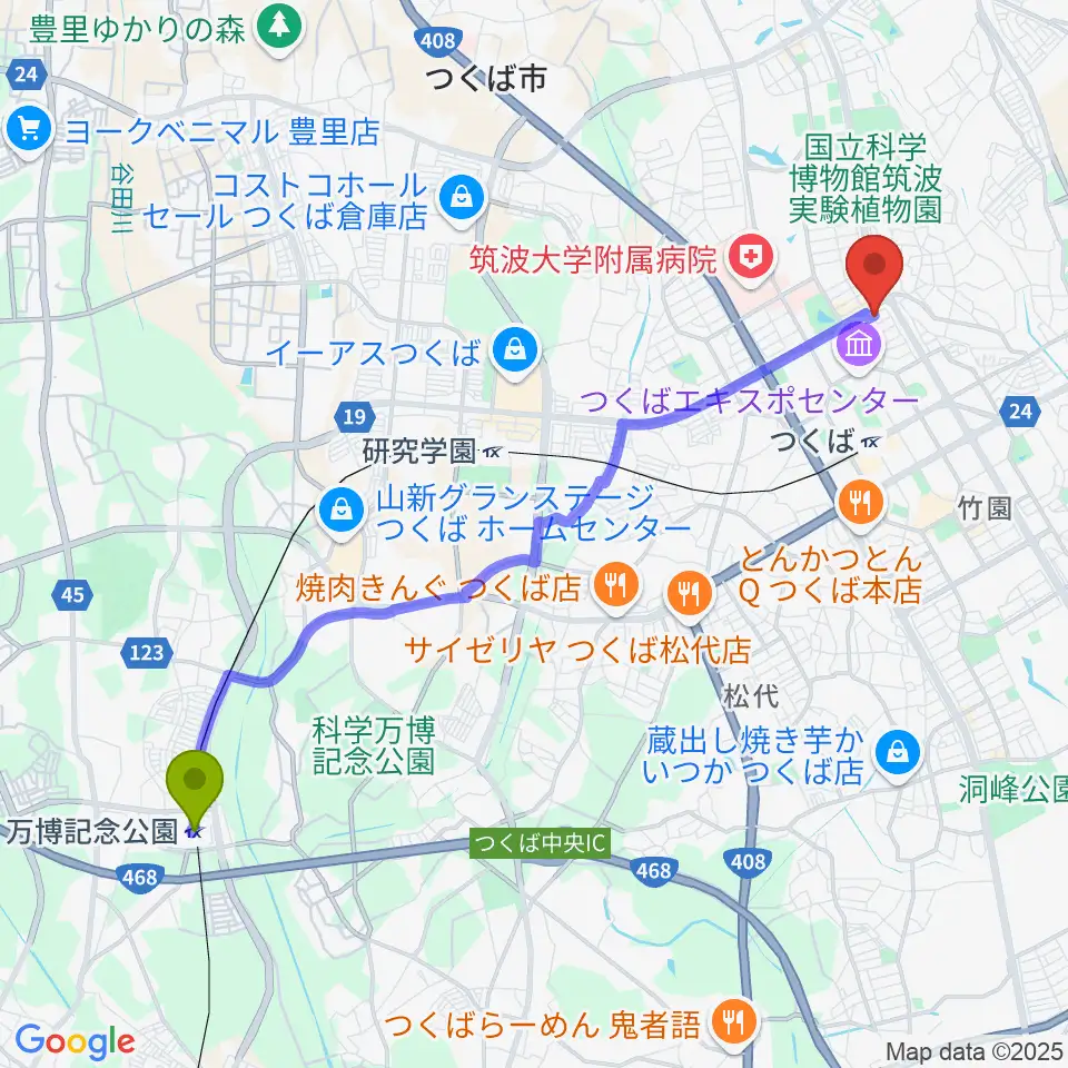 万博記念公園駅からMUSIC PLANT つくば店へのルートマップ地図