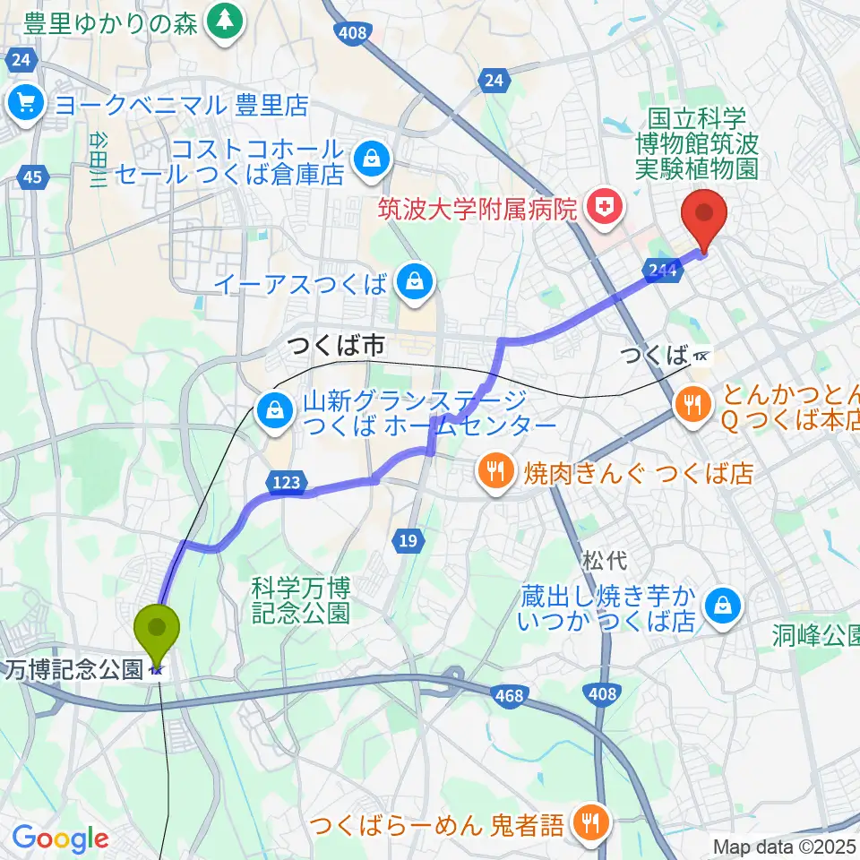 万博記念公園駅からMUSIC PLANT つくば店へのルートマップ地図
