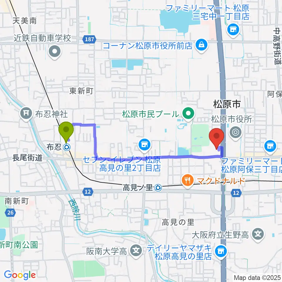 布忍駅からカワイ松原ショップへのルートマップ地図