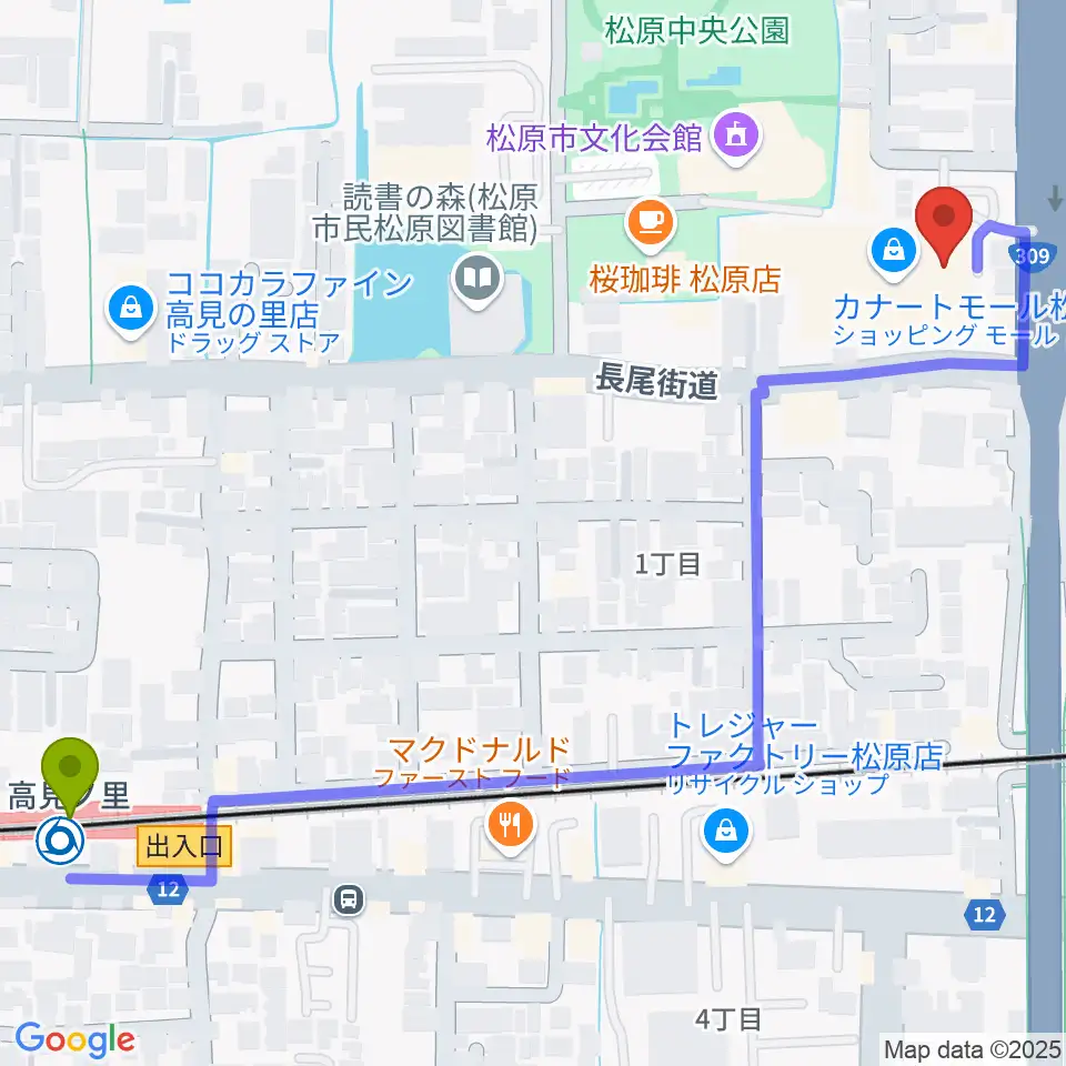 カワイ松原ショップの最寄駅高見ノ里駅からの徒歩ルート（約8分）地図