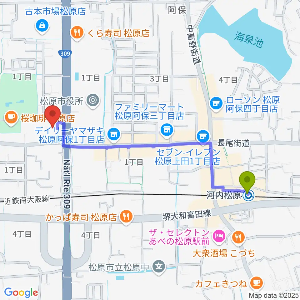 河内松原駅からカワイ松原ショップへのルートマップ地図