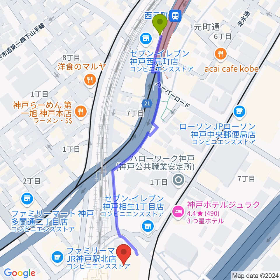 西元町駅からカワイ神戸ショップへのルートマップ地図