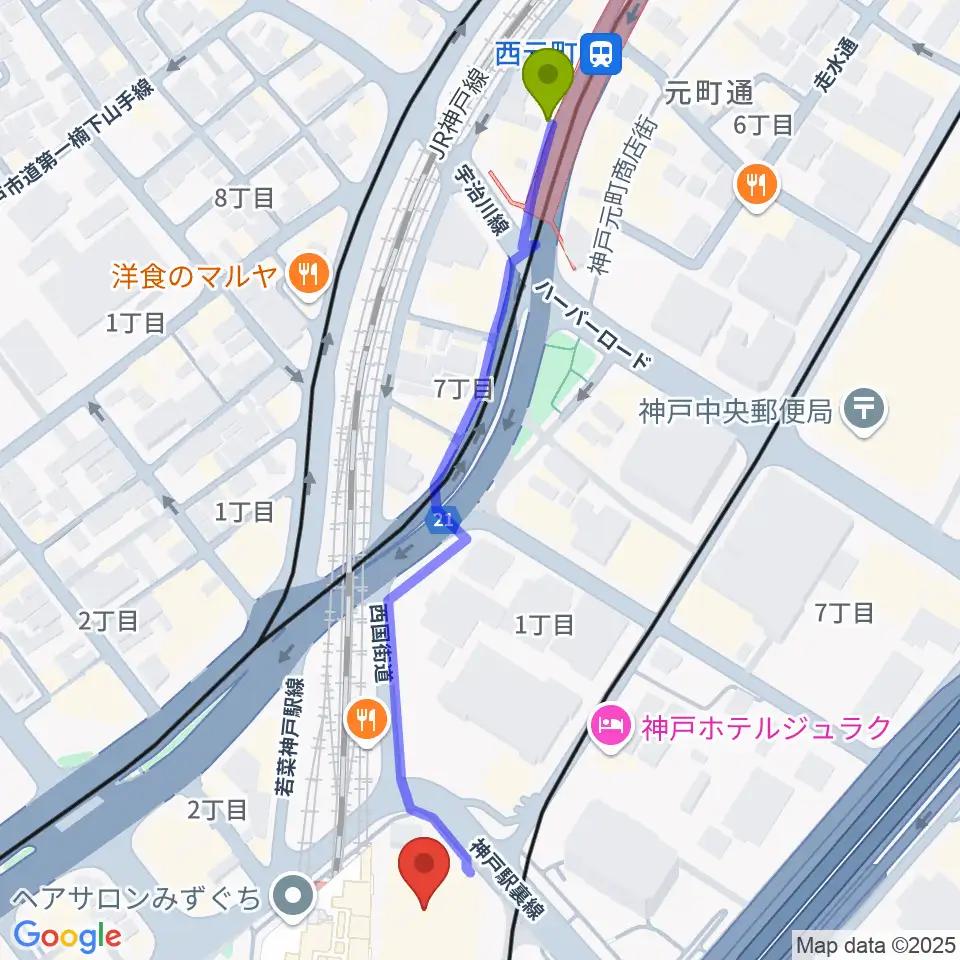 西元町駅からカワイ神戸ショップへのルートマップ地図