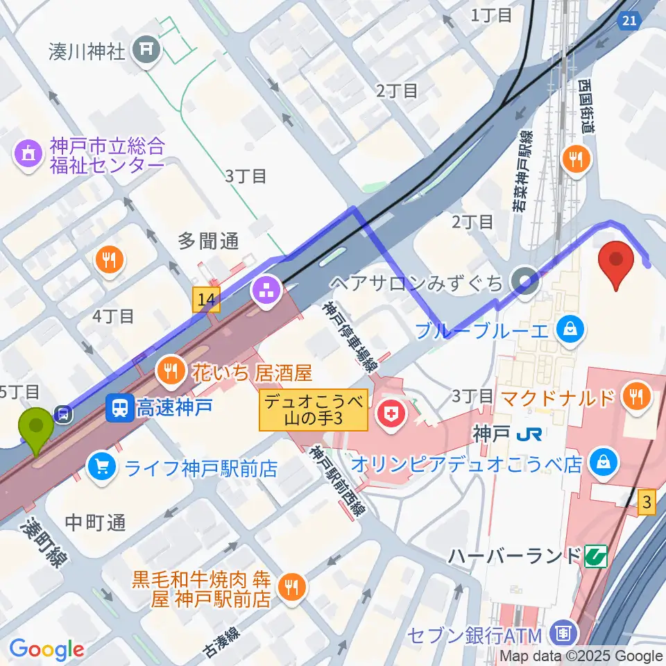 高速神戸駅からカワイ神戸ショップへのルートマップ地図