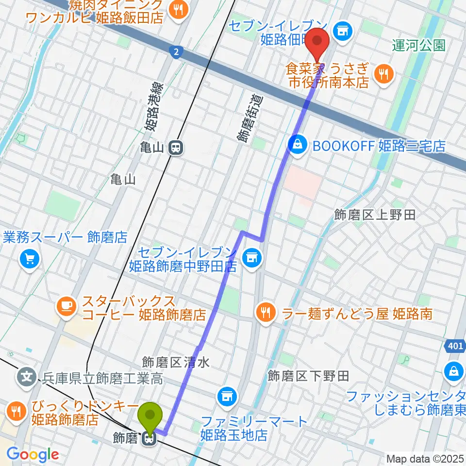 飾磨駅からカワイ姫路ショップへのルートマップ地図