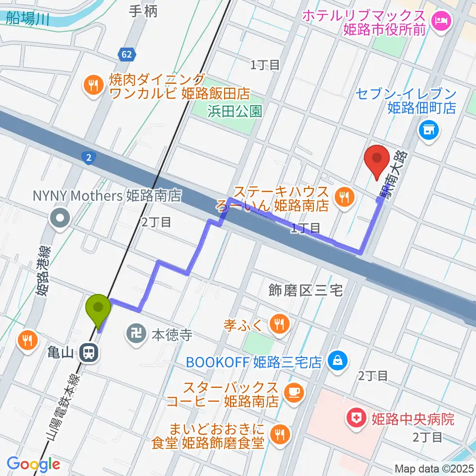 カワイ姫路ショップの最寄駅亀山駅からの徒歩ルート（約10分）地図