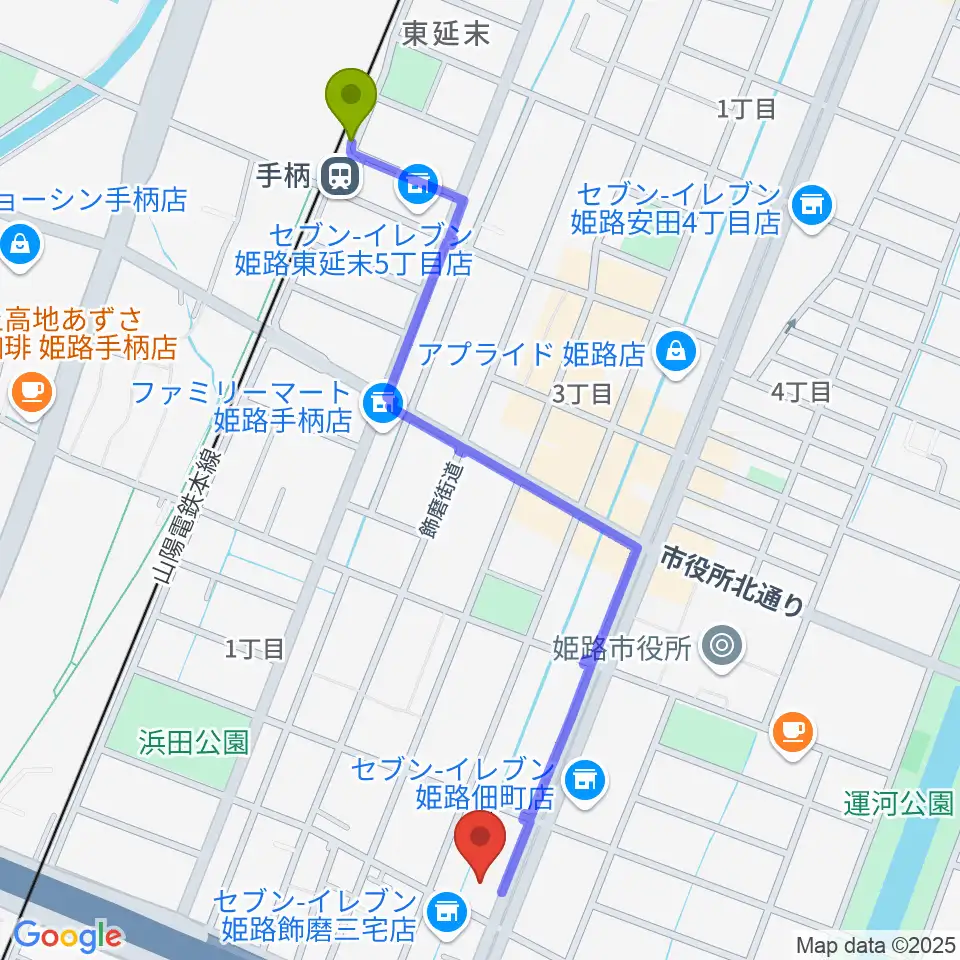 手柄駅からカワイ姫路ショップへのルートマップ地図