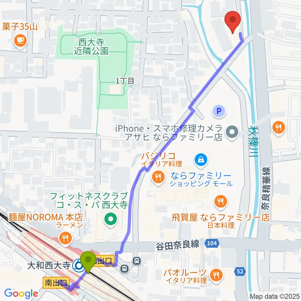 カワイ奈良ショップの最寄駅大和西大寺駅からの徒歩ルート（約7分）地図