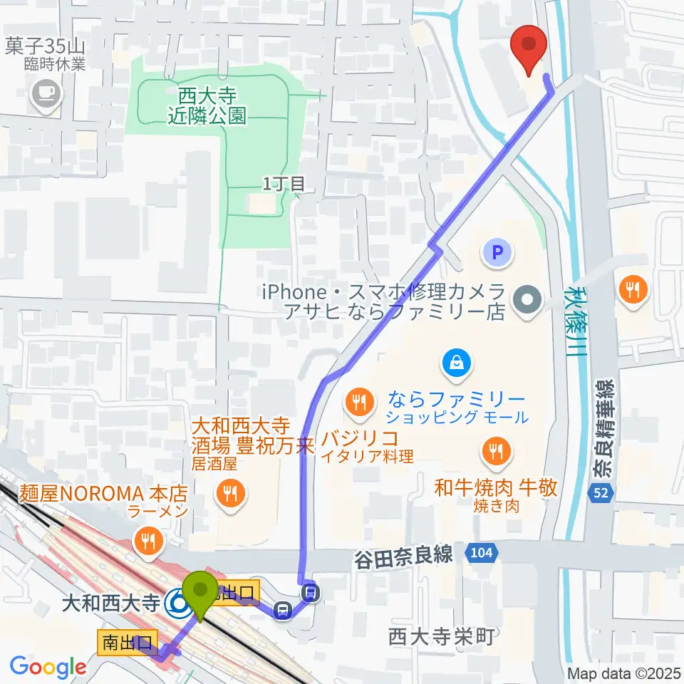 カワイ奈良ショップの最寄駅大和西大寺駅からの徒歩ルート（約7分）地図