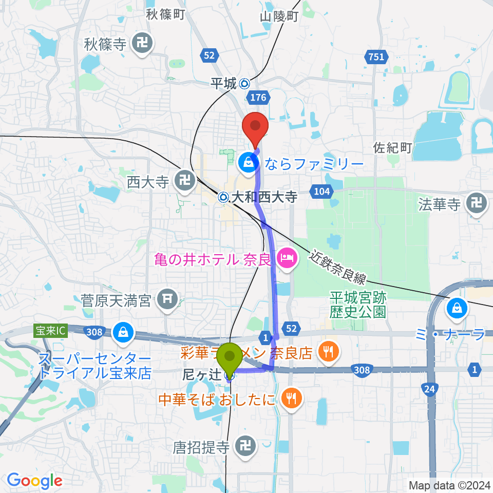 尼ヶ辻駅からカワイ奈良ショップへのルートマップ地図