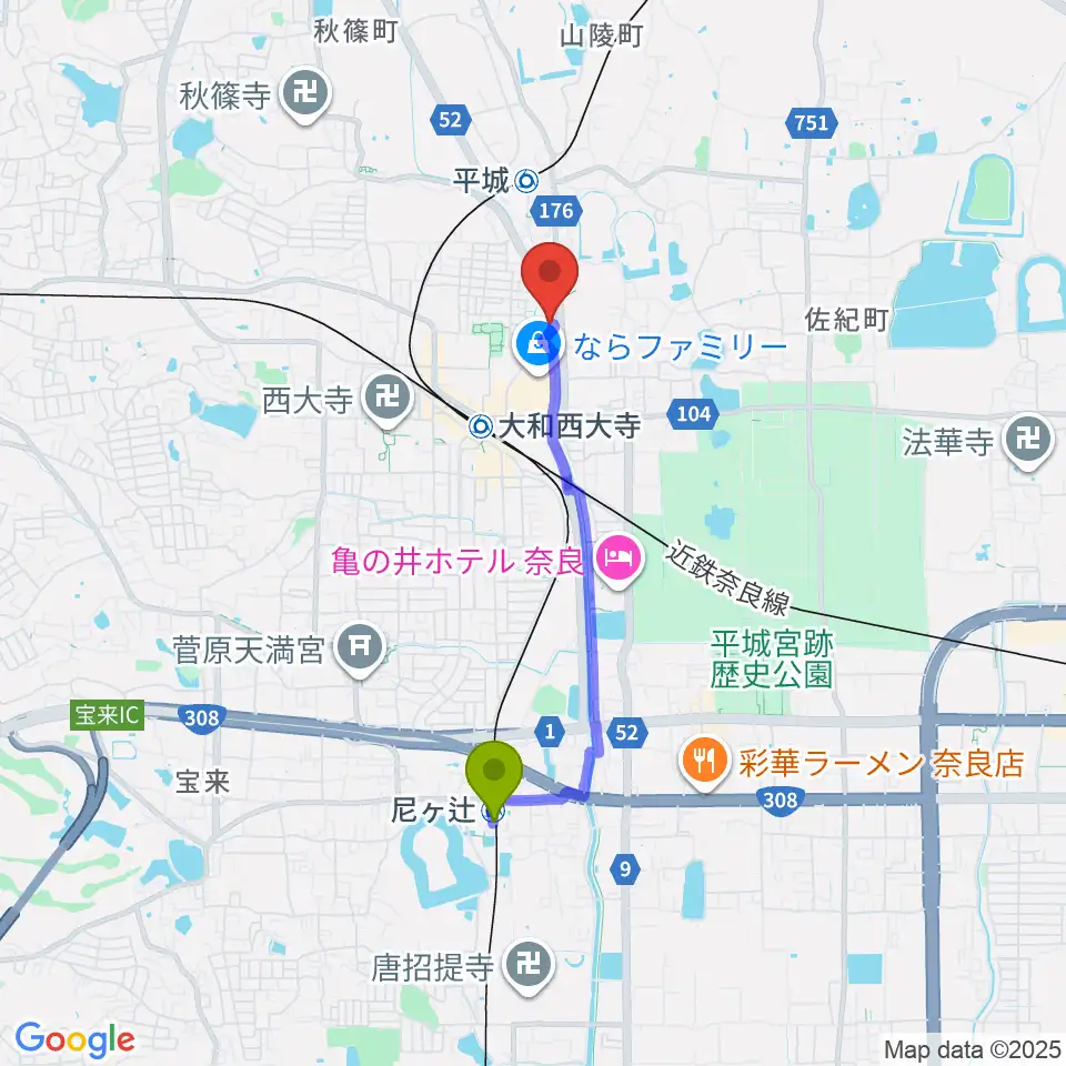 尼ヶ辻駅からカワイ奈良ショップへのルートマップ地図