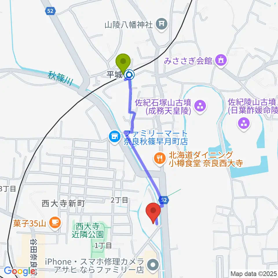 平城駅からカワイ奈良ショップへのルートマップ地図