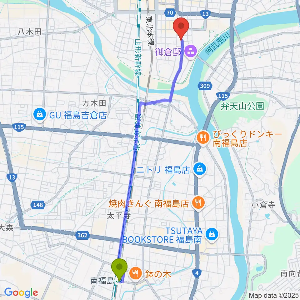 南福島駅からスタジオアイヴィーへのルートマップ地図