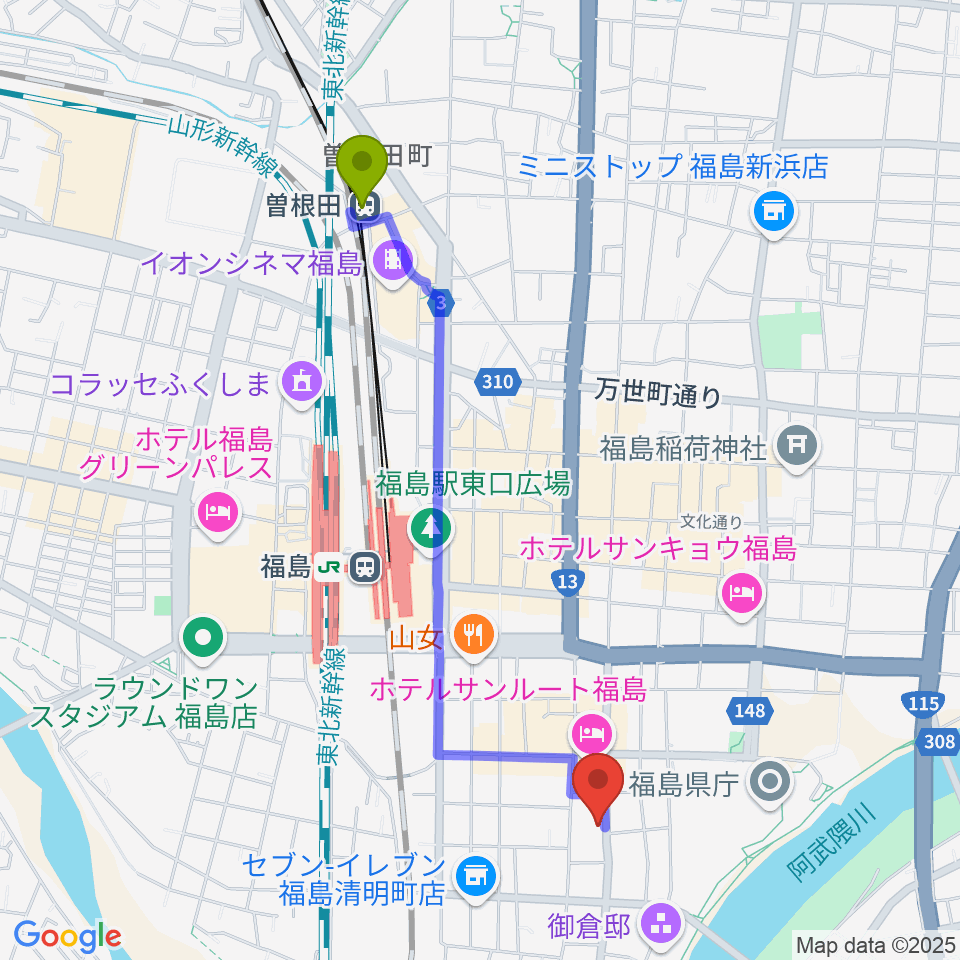 曽根田駅からスタジオアイヴィーへのルートマップ地図