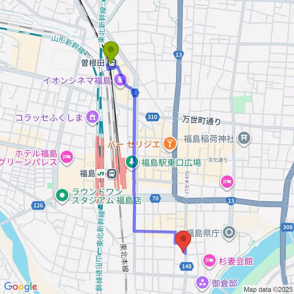 曽根田駅からスタジオアイヴィーへのルートマップ地図