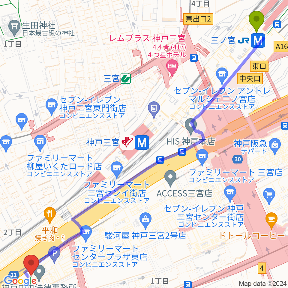 三ノ宮駅から神戸三宮リードマンへのルートマップ地図