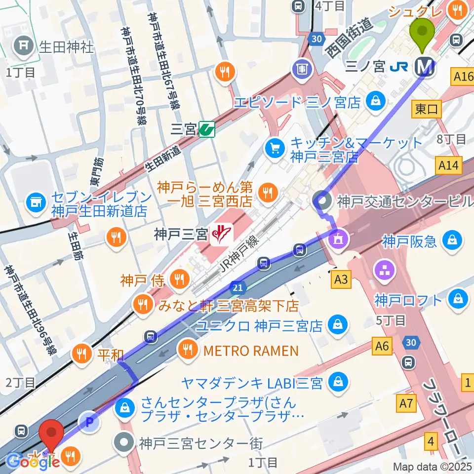 三ノ宮駅から神戸三宮リードマンへのルートマップ地図