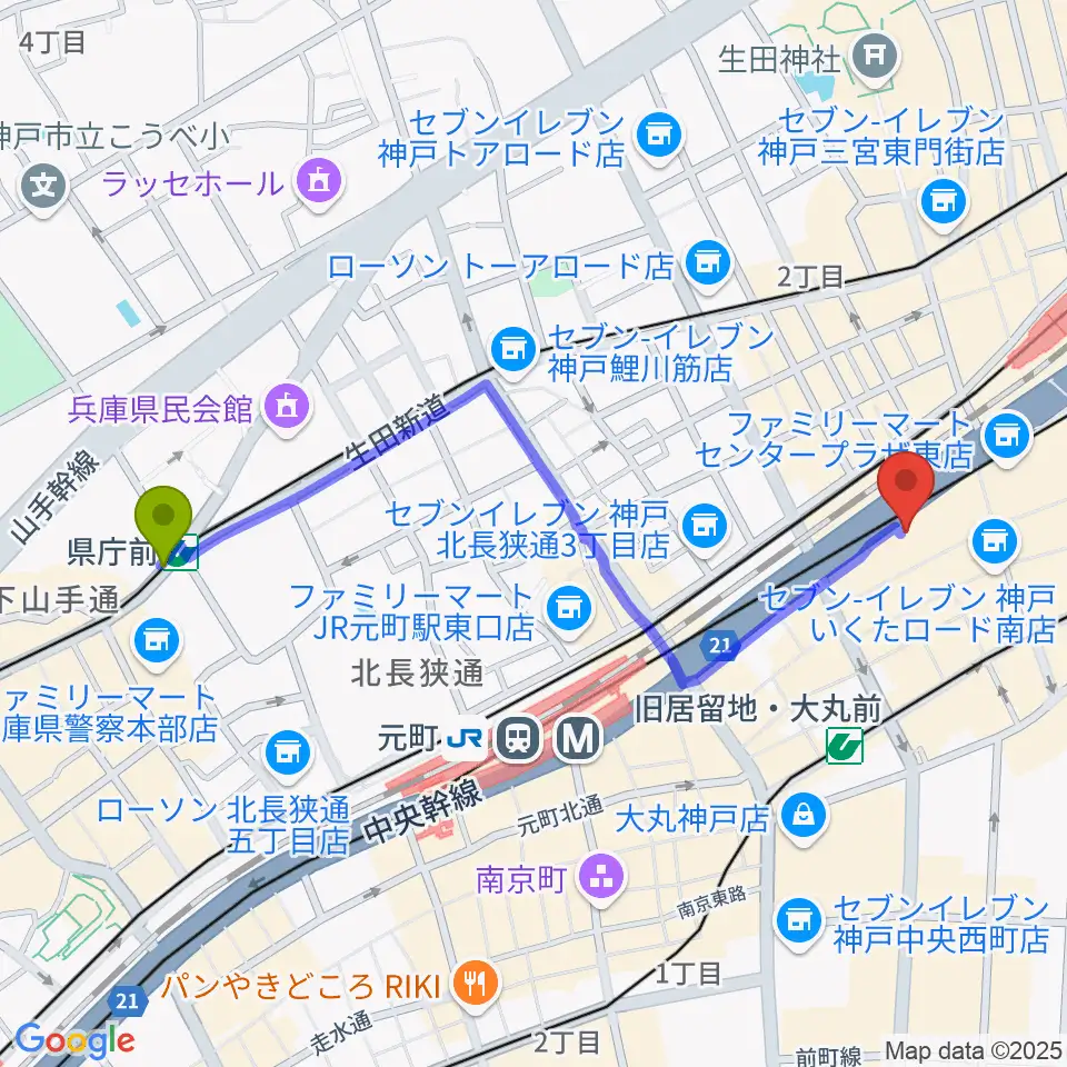 県庁前駅から神戸三宮リードマンへのルートマップ地図