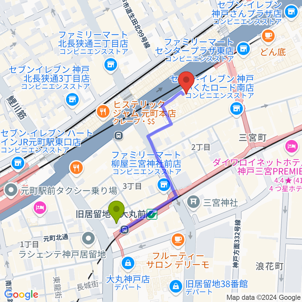 神戸三宮リードマンの最寄駅旧居留地・大丸前駅からの徒歩ルート（約4分）地図