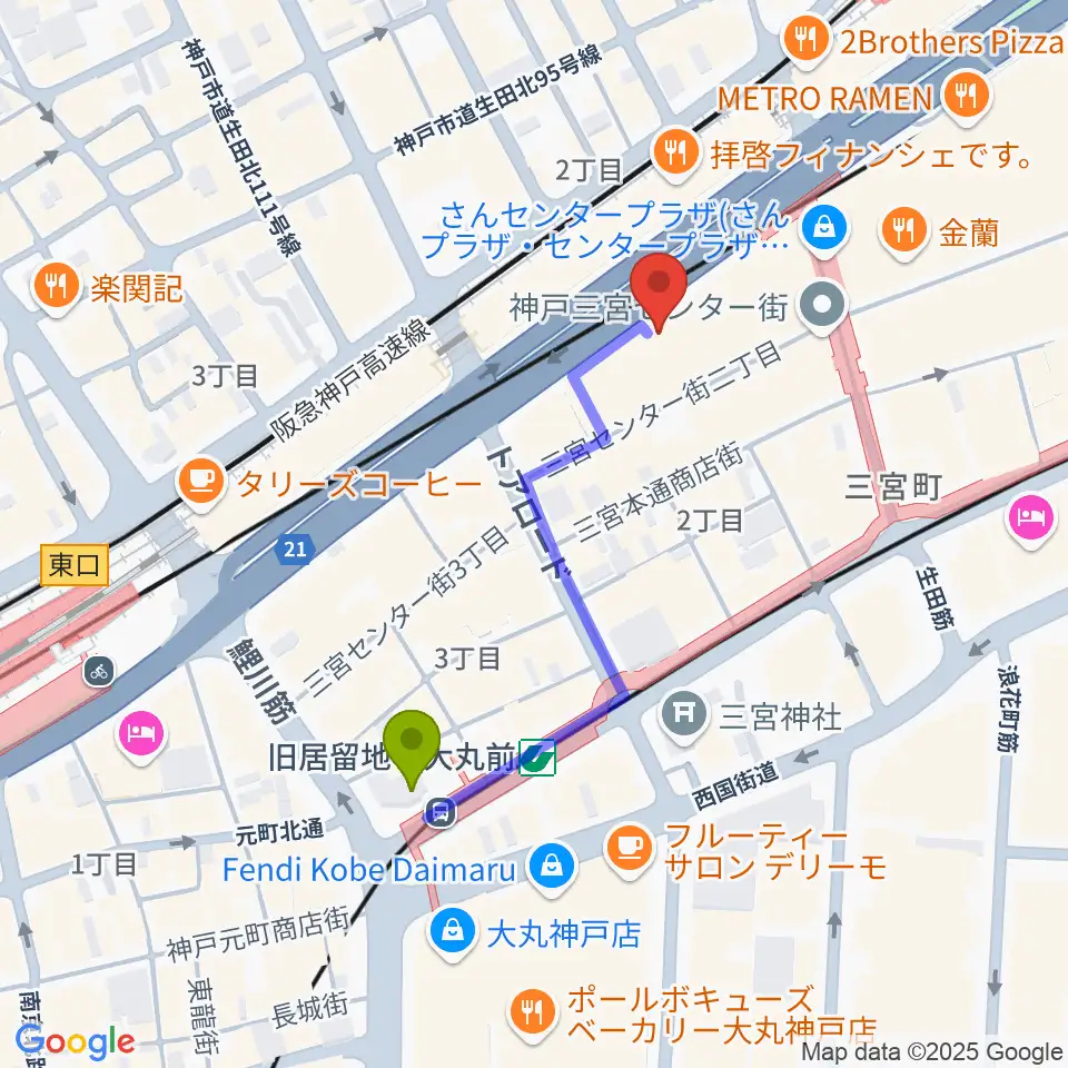 神戸三宮リードマンの最寄駅旧居留地・大丸前駅からの徒歩ルート（約4分）地図