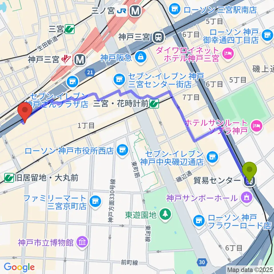 貿易センター駅から神戸三宮リードマンへのルートマップ地図