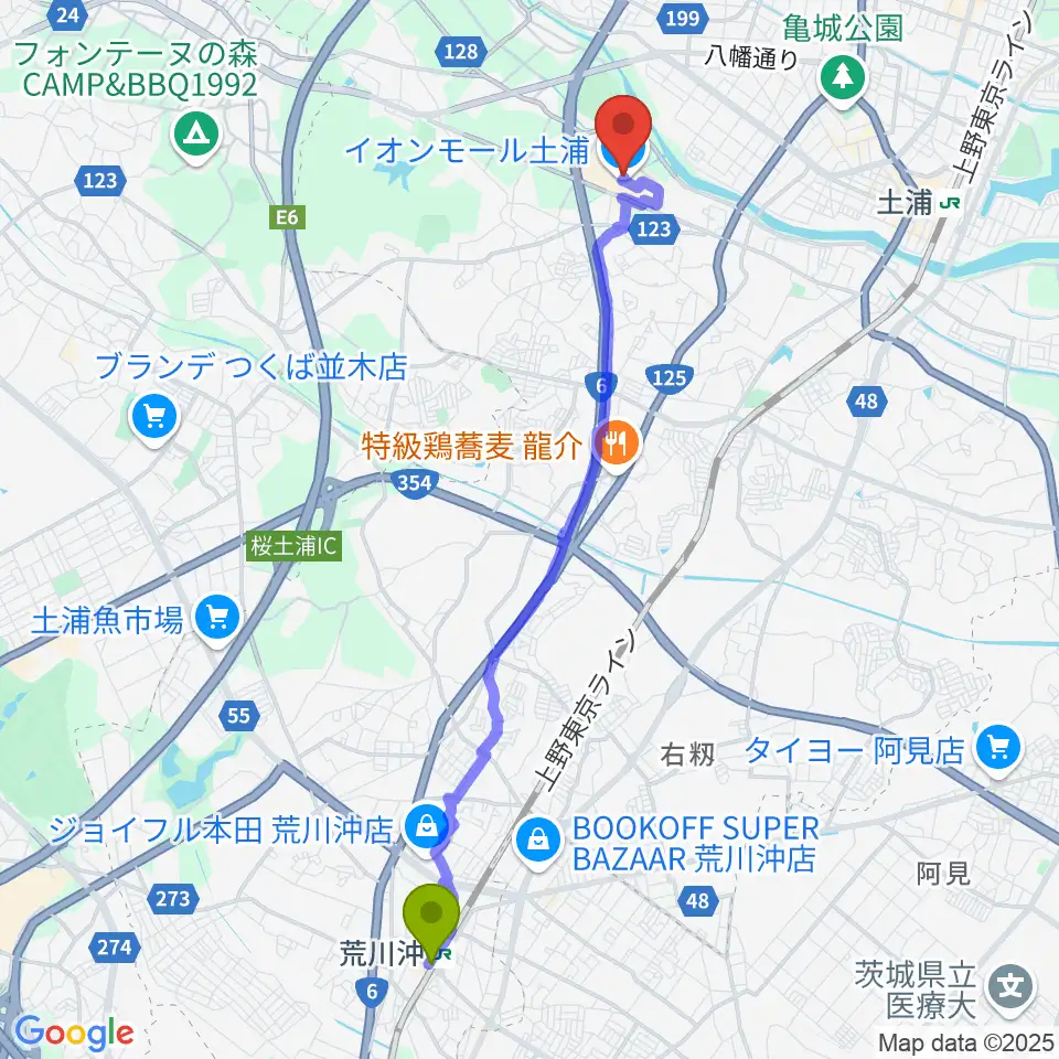 荒川沖駅から島村楽器 イオンモール土浦店へのルートマップ地図