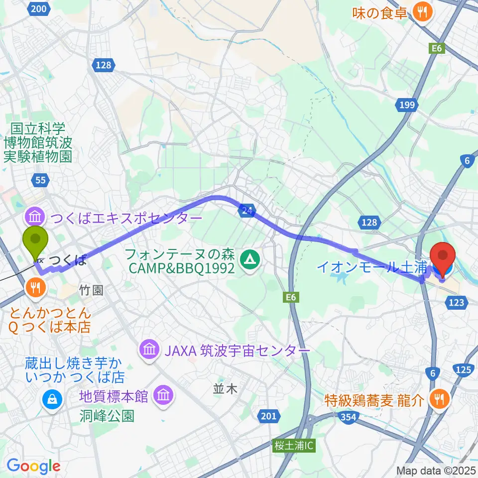 つくば駅から島村楽器 イオンモール土浦店へのルートマップ地図