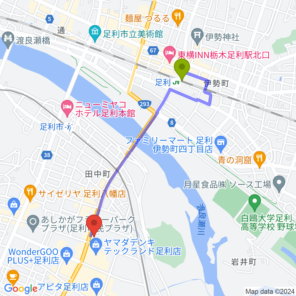 足利駅からコグレ楽器へのルートマップ地図