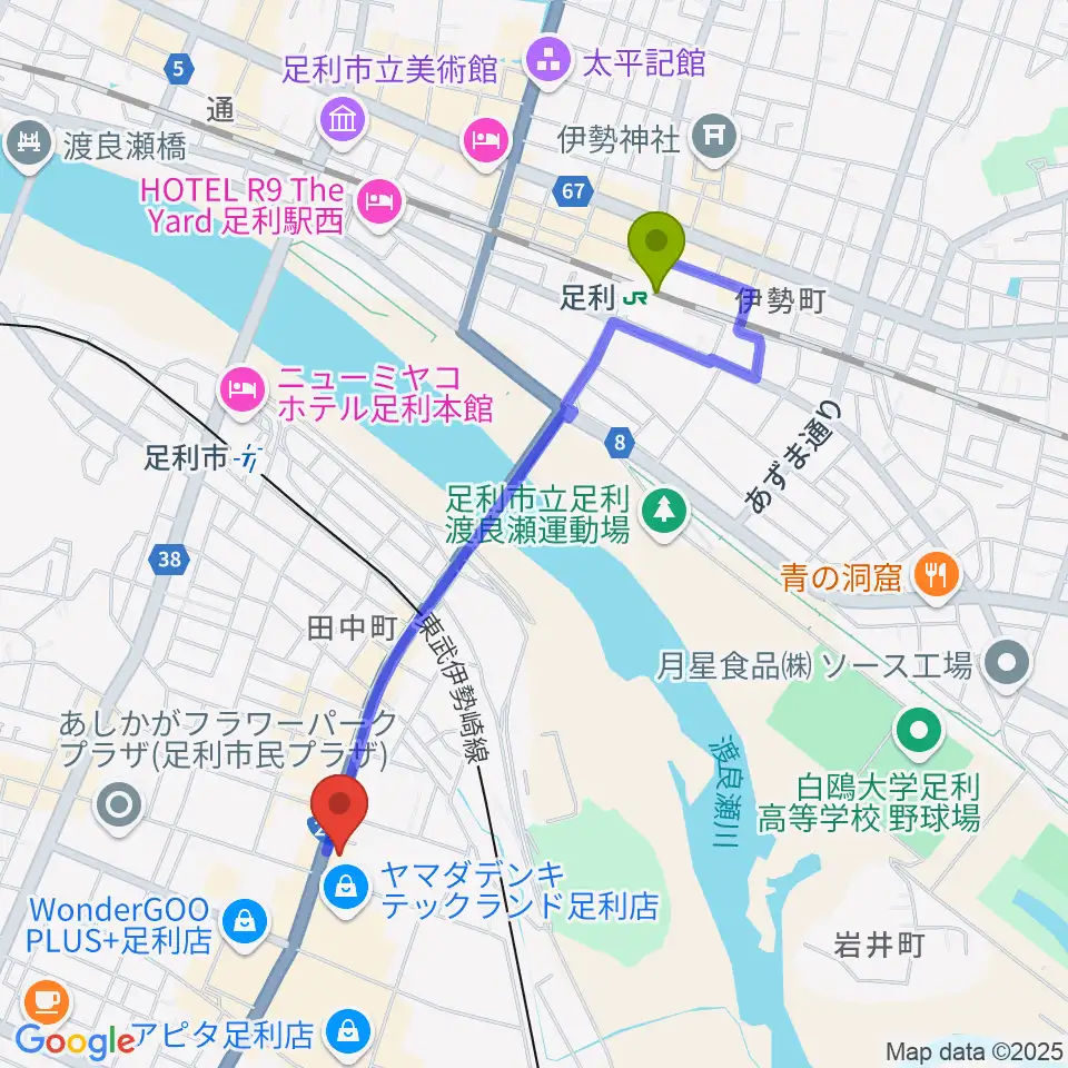 足利駅からコグレ楽器へのルートマップ地図