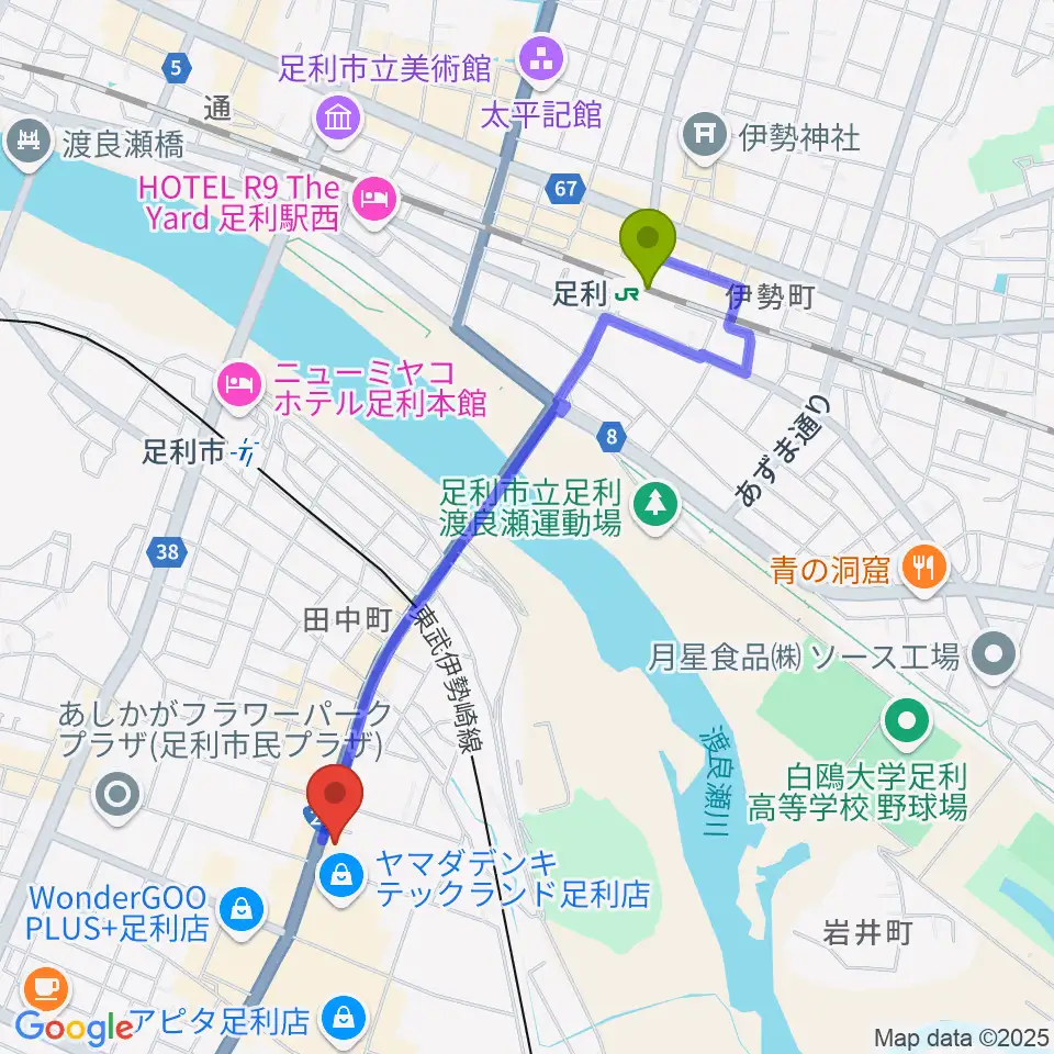 足利駅からコグレ楽器へのルートマップ地図