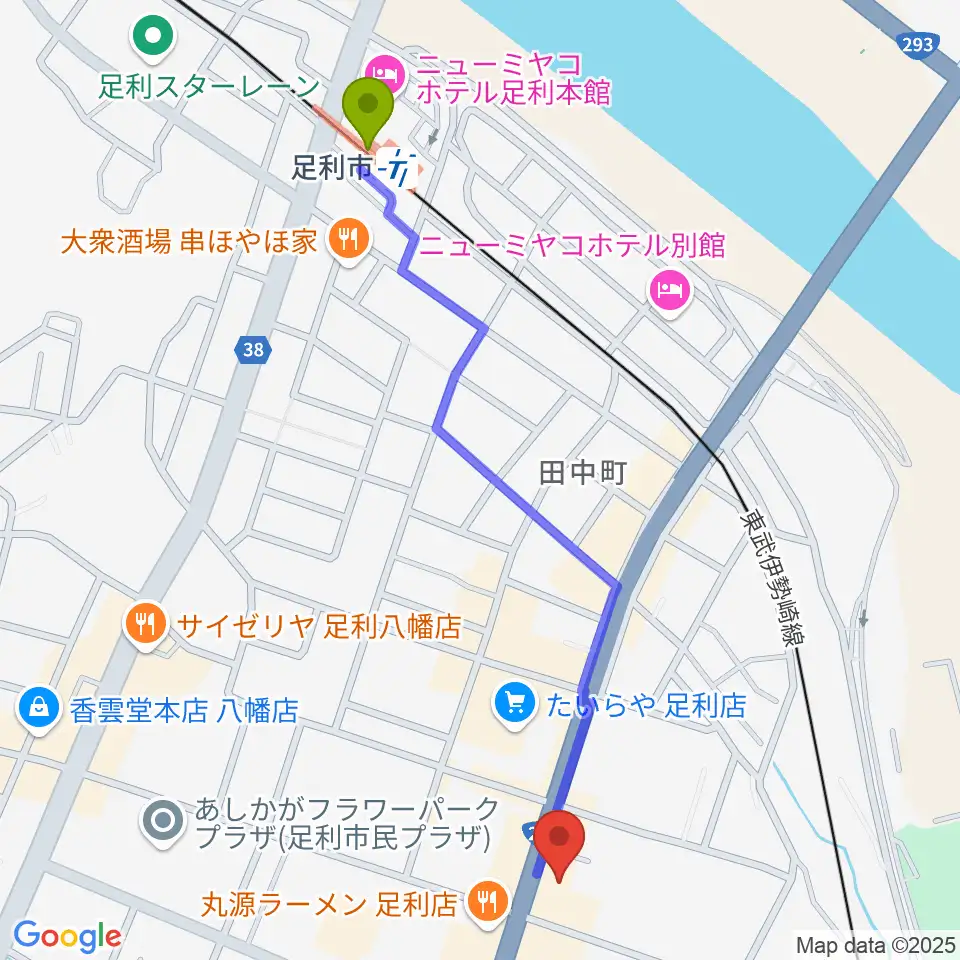 コグレ楽器の最寄駅足利市駅からの徒歩ルート（約12分）地図