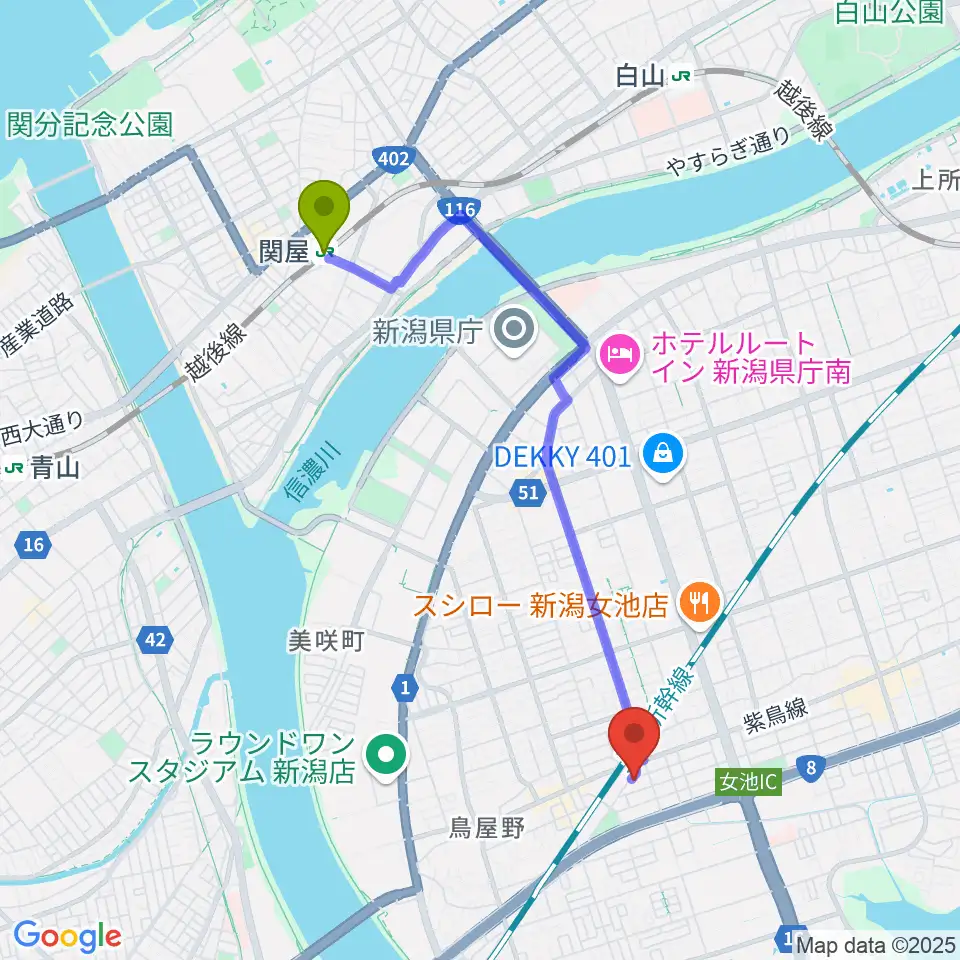 エヌトライブの最寄駅関屋駅からの徒歩ルート（約38分）地図