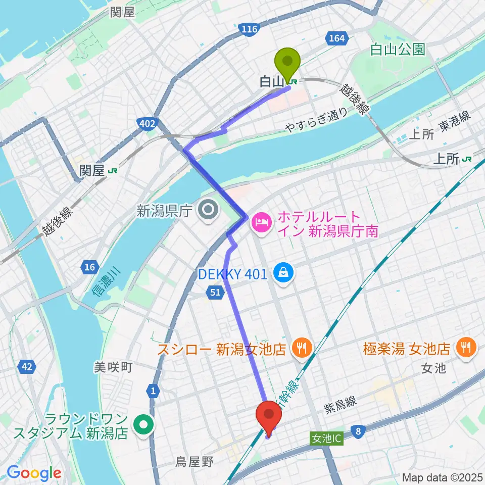 白山駅からエヌトライブへのルートマップ地図