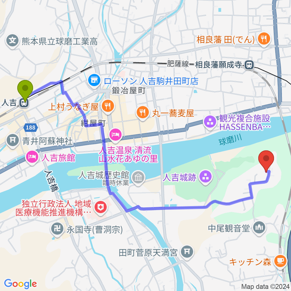 人吉駅からDOTs SOUNDへのルートマップ地図