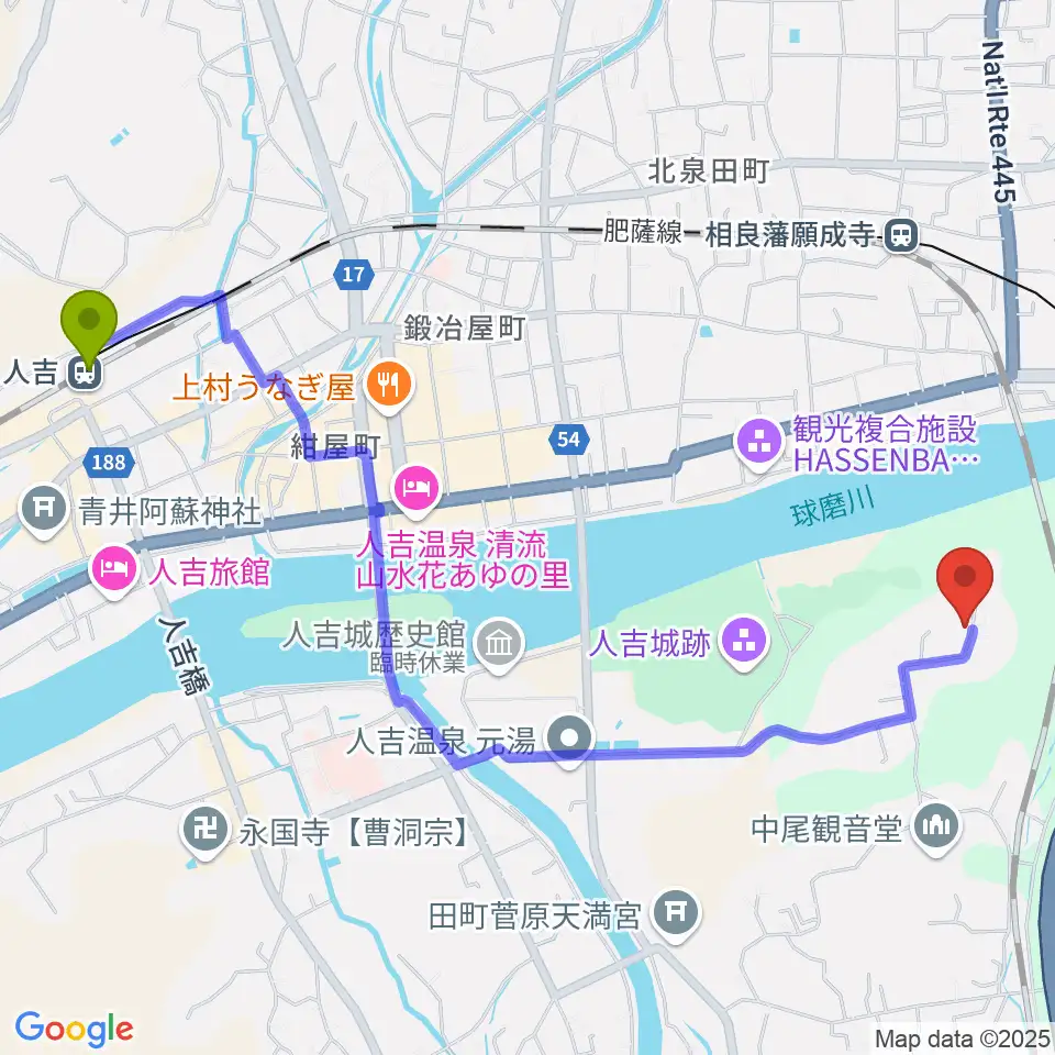 人吉駅からDOTs SOUNDへのルートマップ地図