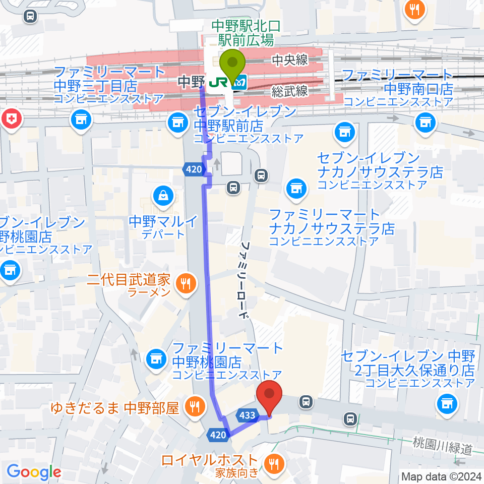 Volta Studioの最寄駅中野駅からの徒歩ルート（約5分）地図