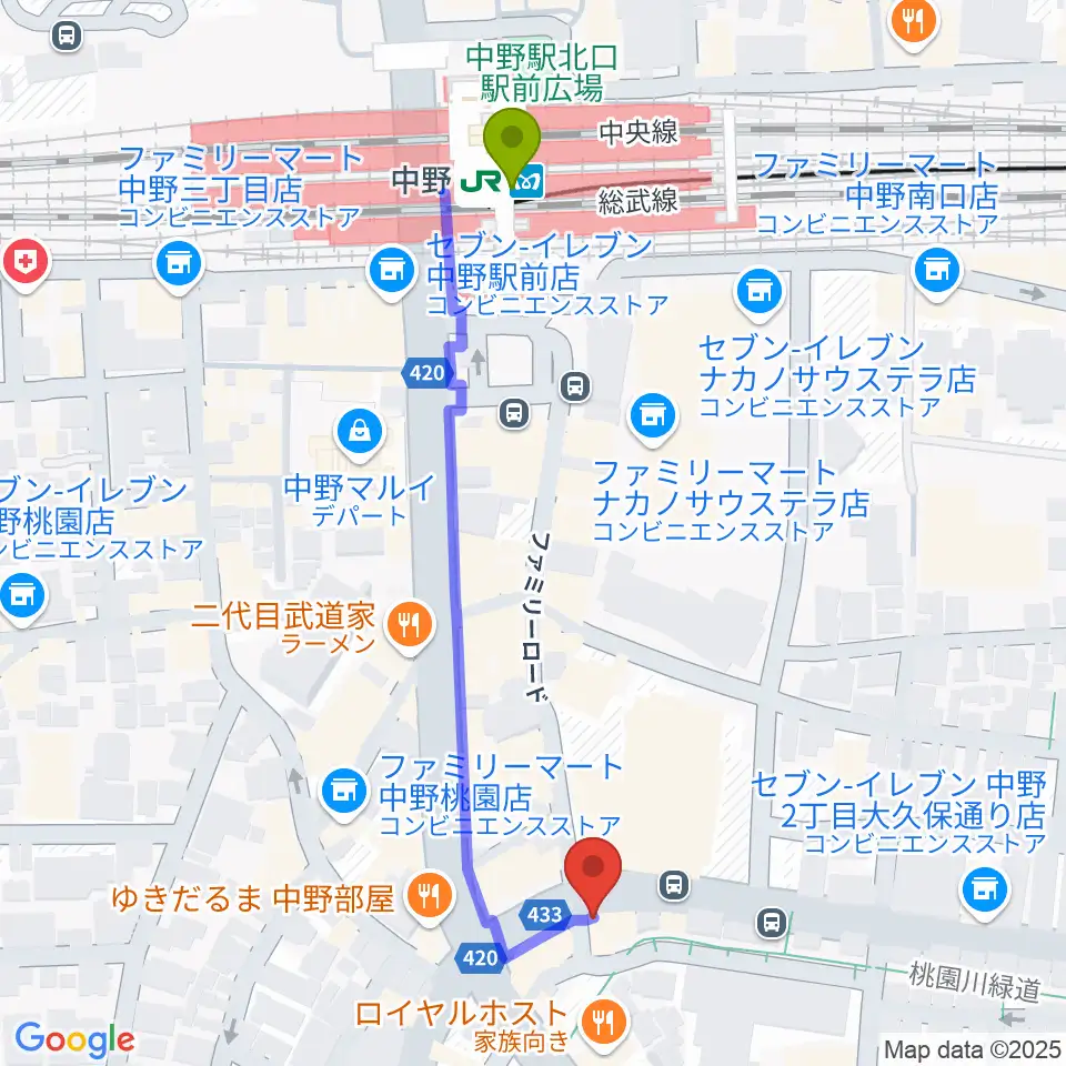 Volta Studioの最寄駅中野駅からの徒歩ルート（約5分）地図