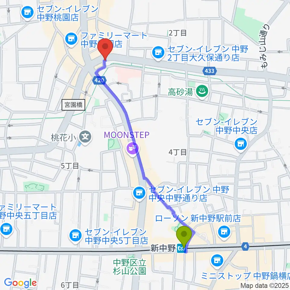 新中野駅からVolta Studioへのルートマップ地図