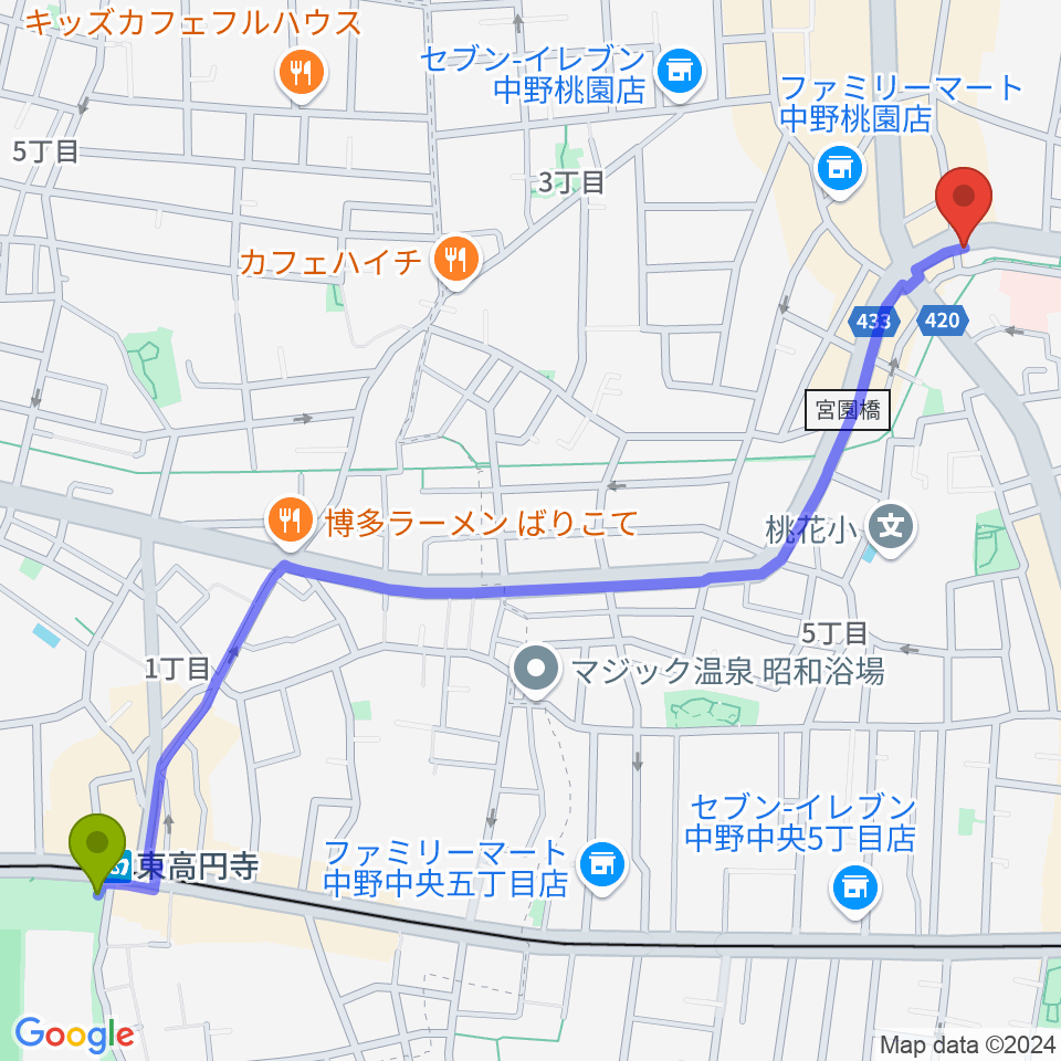 東高円寺駅からVolta Studioへのルートマップ地図